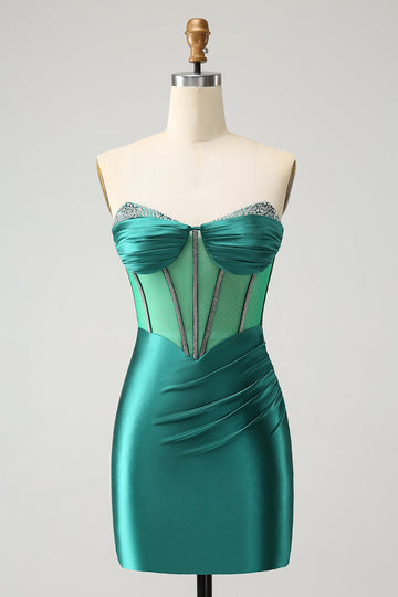 Vestido de cóctel ajustado de novia con corsé y purpurina verde oscuro con cuentas